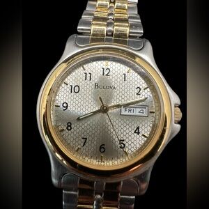 Bulova Two-Tone Silver and Gold Men's Watch with Day-Date. New old stock. Unused